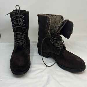 Men’s Sz 9.5 Brown Suede Full Fur Lined Lace Up Lug Boots